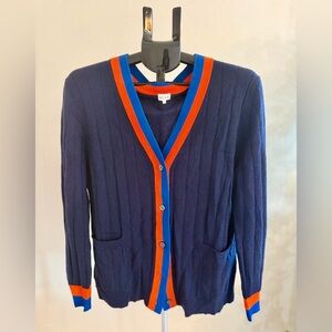 KULE Men's Blue Cardigan with Vibrant Orange Accents
